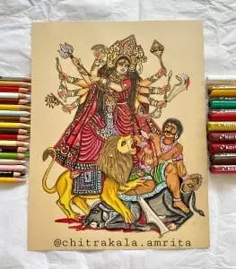 Amrita's rendition of the Hindu goddess Durga, slaying Mahishasura.