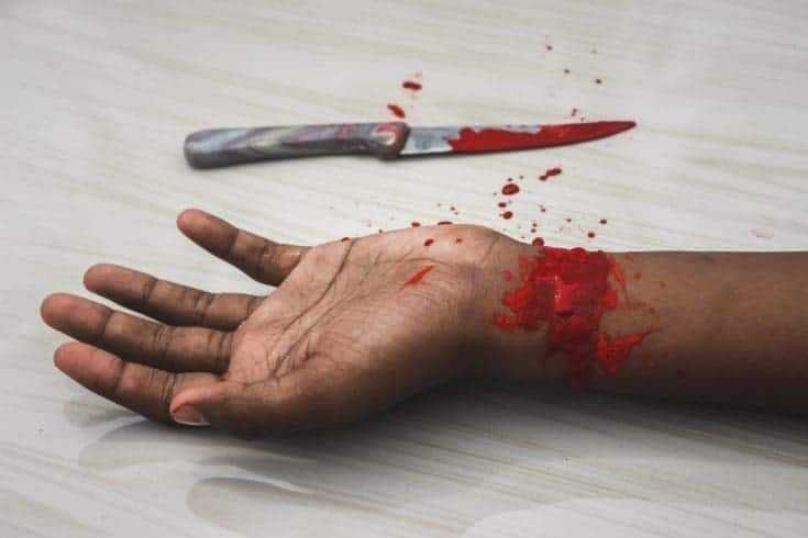 Homecoming Blood - An Exciting Mystery 9 Suicide. blood on wrist with knife laying besides