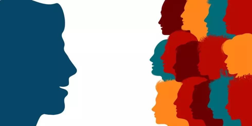 Influencer. Human heads silhouette in profile influencing a crowd of people. Persuasion propaganda and influence on the masses. Recruit new members. Sharing idea and thoughts. Social media