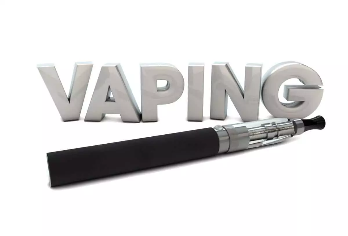 render of an electronic cigarette and the text vaping.