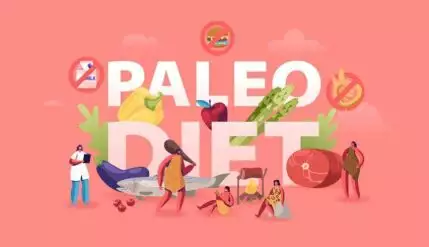 Paleo Diet Healthy Eating Concept. Cave People and Doctor Nutritionist Walking around of Products Seafood Meat Water Vegetable and Fruits Poster Banner Flyer Brochure. Cartoon Flat Vector Illustration