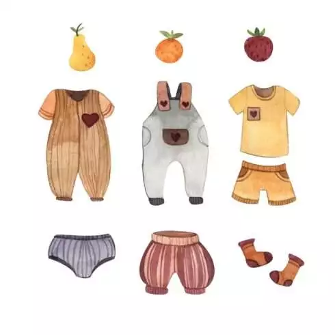 A collection of children's clothing,overalls and a suit, berries and pears, socks. Watercolor illustration of clothes for children